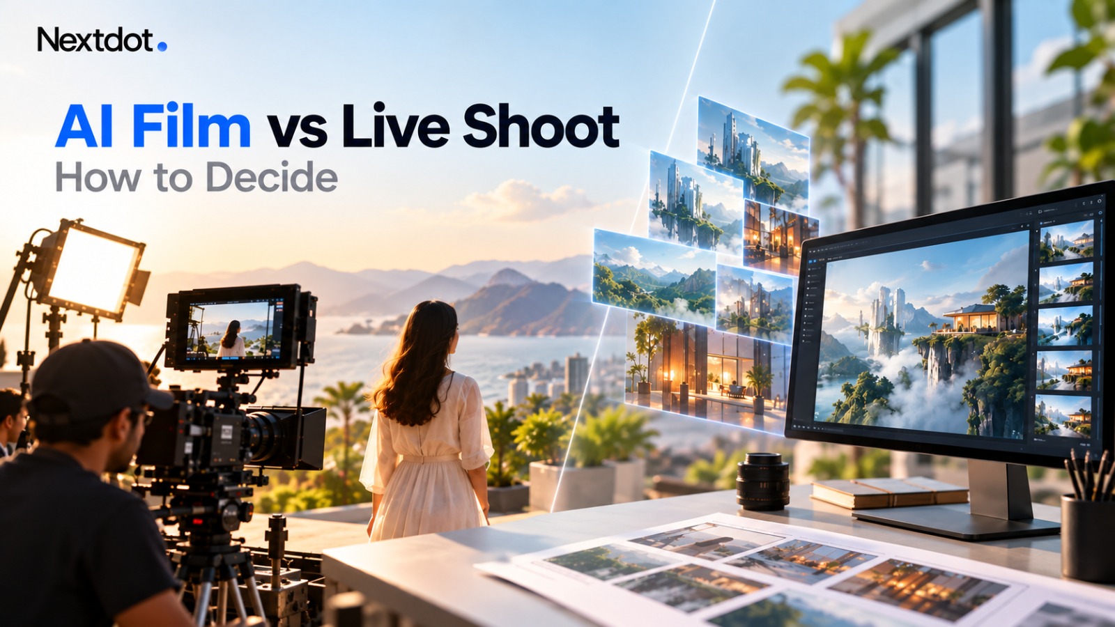 AI film vs live shoot showing the decision between AI-generated video and live-action production