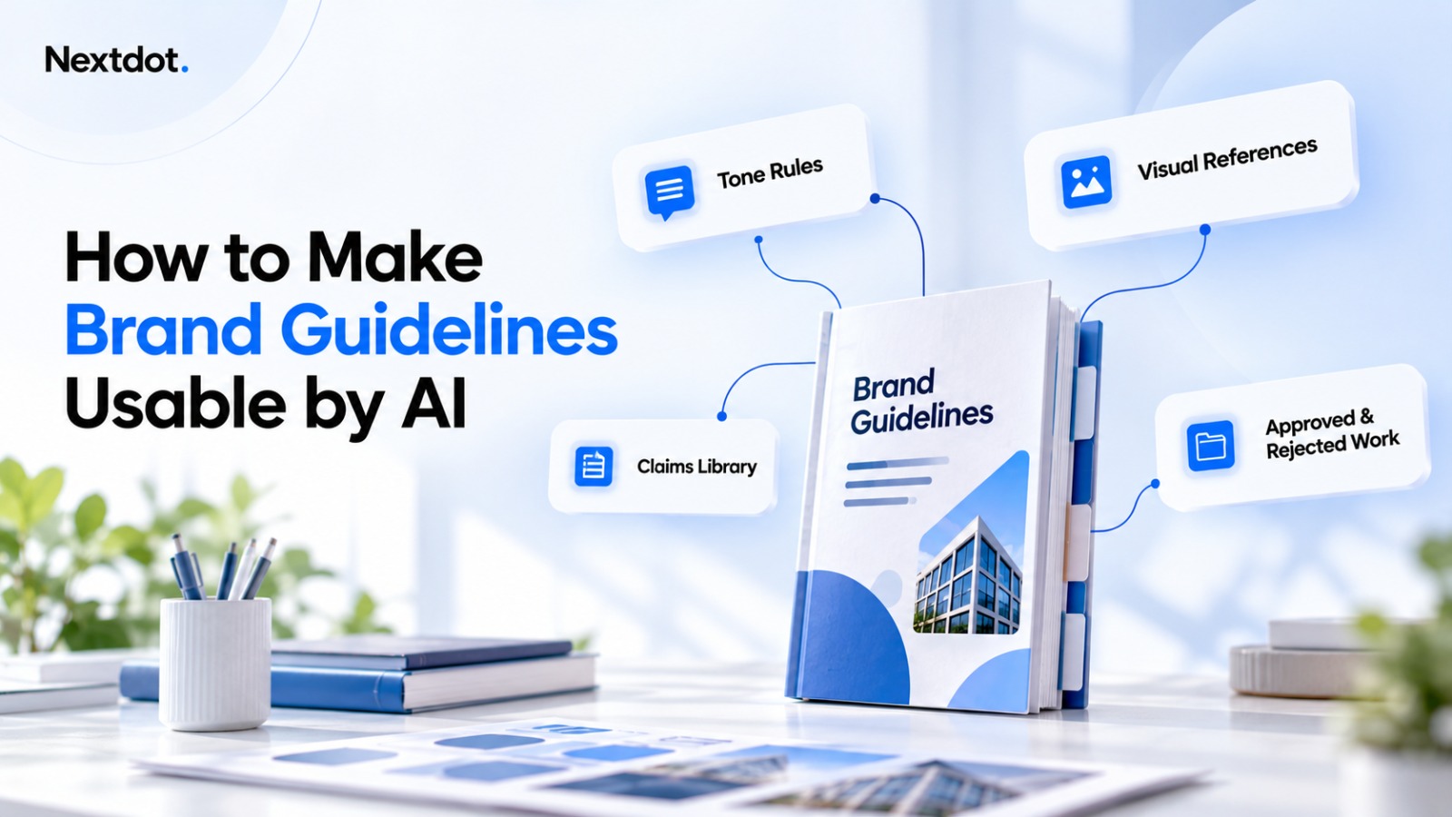 Brand guidelines with tone rules, visual references, and approved claims for AI content