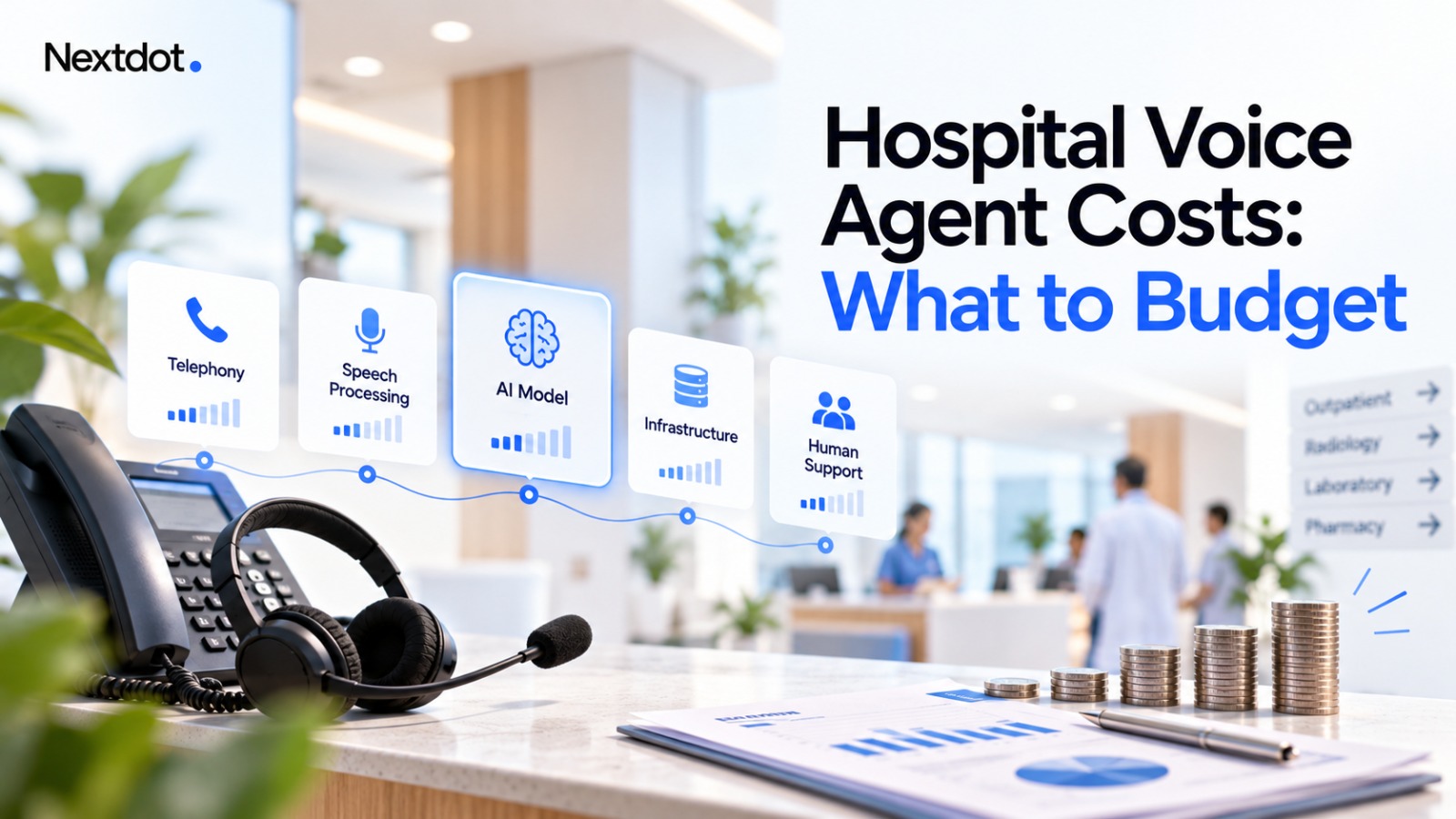 Key cost components of a hospital AI voice agent, including telephony, speech processing, AI models, infrastructure, and human support.